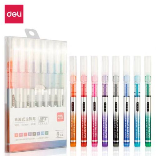 得力（deli）S855 彩色直液笔套装 0.5mm全针管学生签字笔中性笔 水笔走珠笔 8支/套装