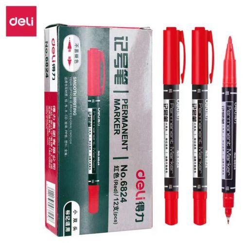 得力（deli）6824 红色双头多用油性记号笔签字笔 勾线笔会议笔马克笔 红色12支/盒装