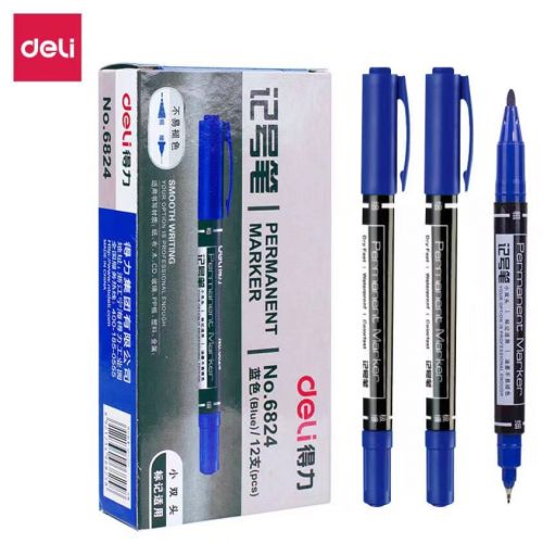 得力（deli）6824 蓝色双头多用油性记号笔签字笔 勾线笔会议笔马克笔 蓝色12支/盒装