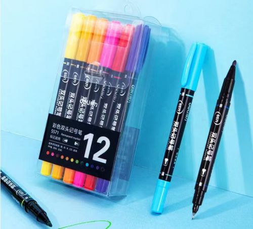 彩色记号笔 彩色双头记号笔 得力S571多色记号笔 12支/盒